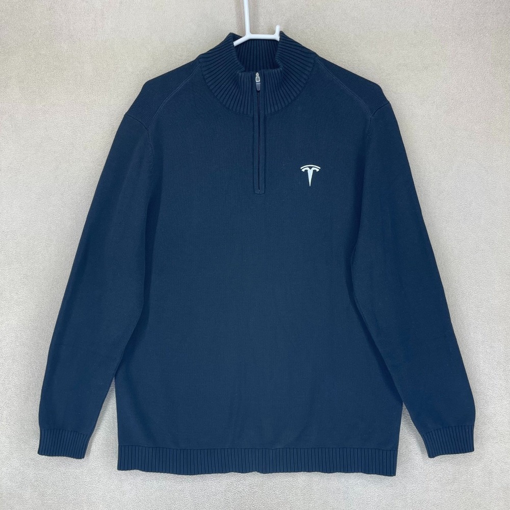 Tesla Sweater Mens XL TSL7863BK Navy Blue Quarter-Zip Embroidered Logo EUC